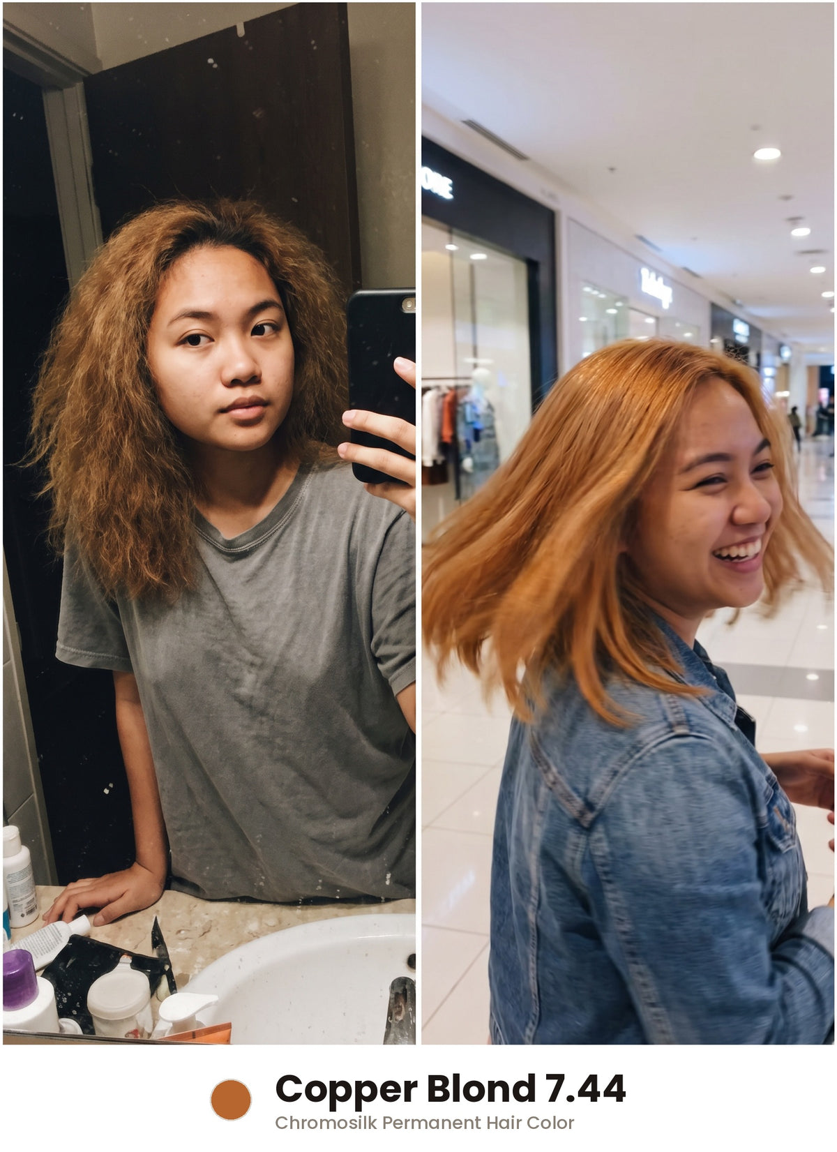 Before and after – Chromosilk Copper Blond 7.44