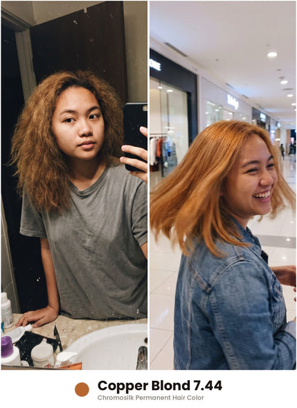 Before and after – Chromosilk Copper Blond 7.44