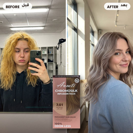 Before and after – Chromosilk Ash Blond 7.01