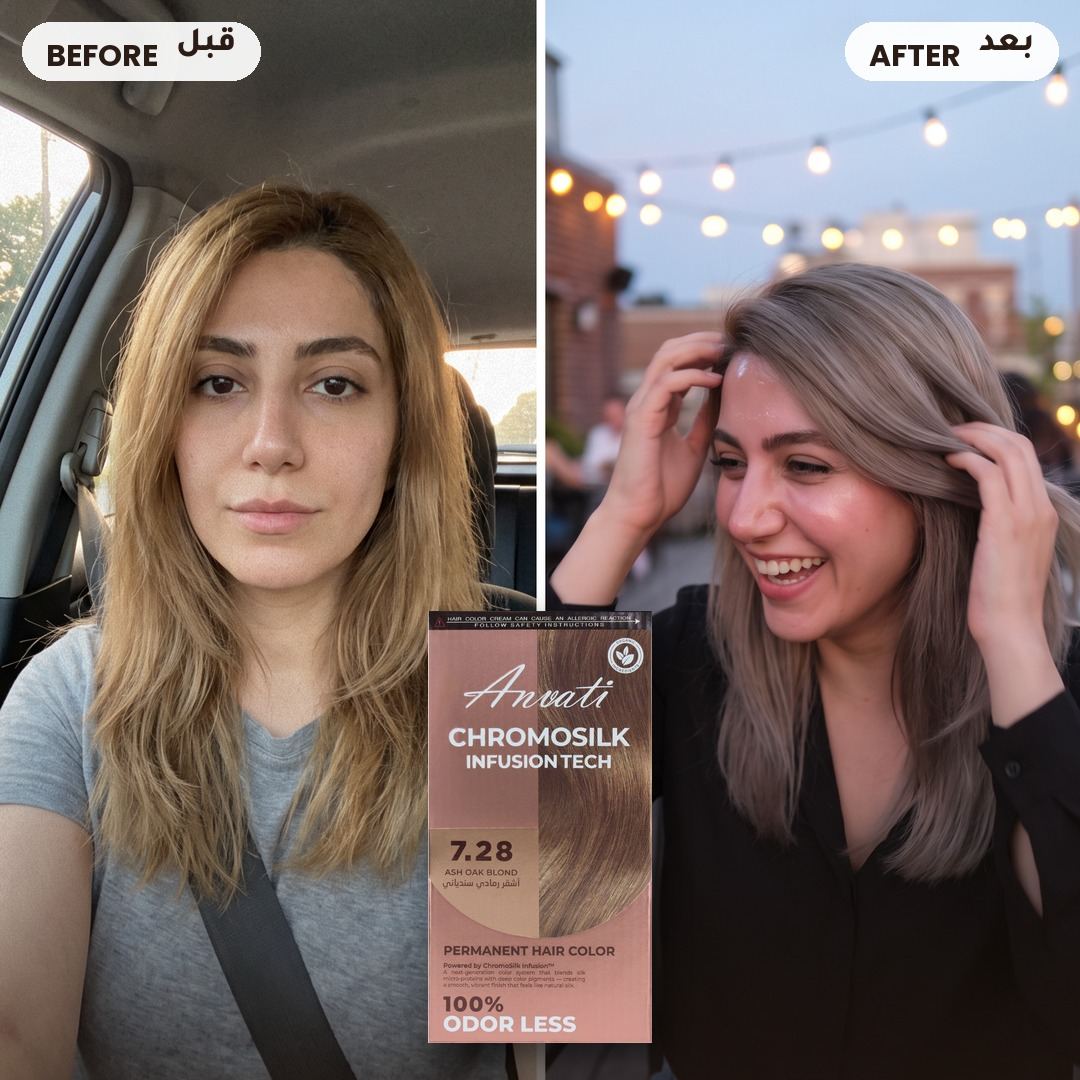 Before and after – Chromosilk Ash Oak Blond 7.28