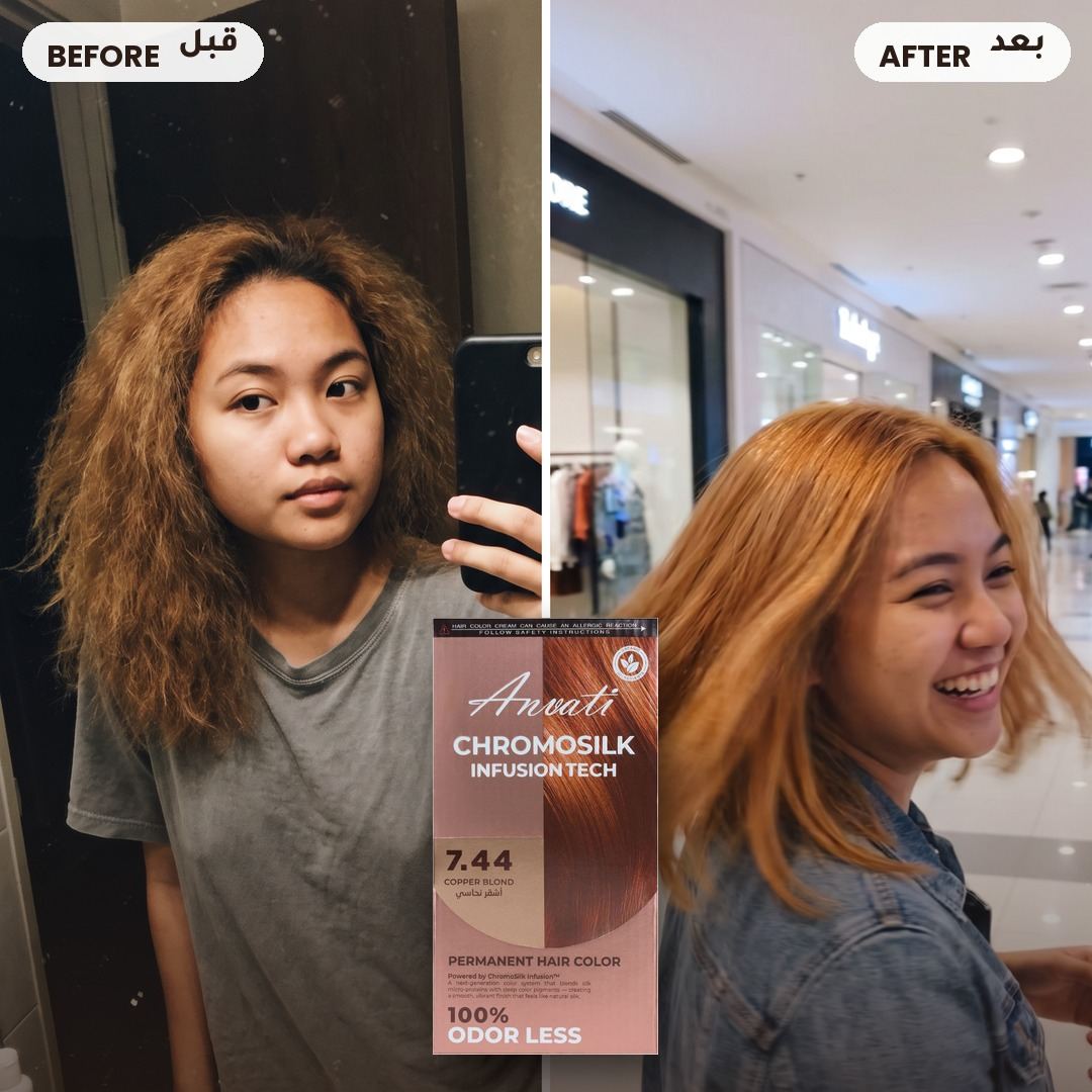 Before and after – Chromosilk Copper Blond 7.44