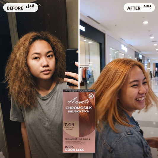 Before and after – Chromosilk Copper Blond 7.44