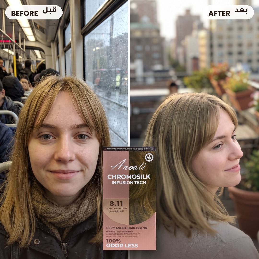 Before and after – Chromosilk Light Olive Blond 8.11
