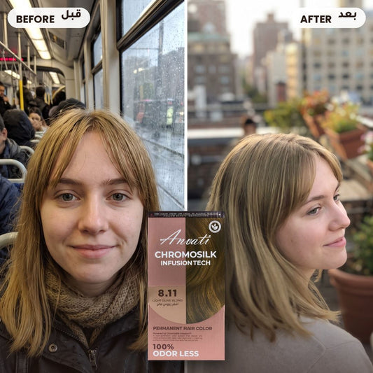 Before and after – Chromosilk Light Olive Blond 8.11