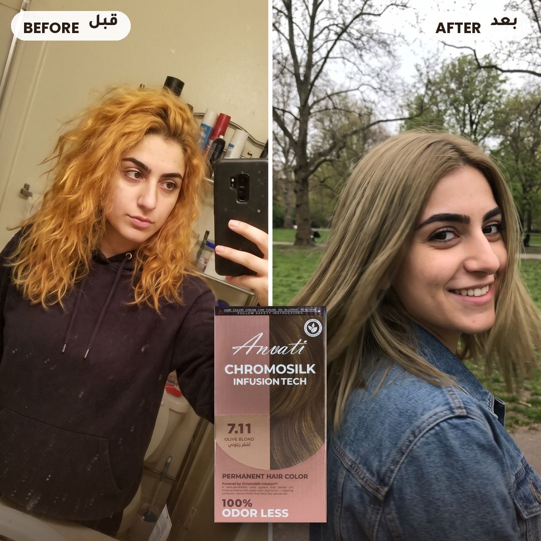 Before and after – Chromosilk Olive Blond 7.11