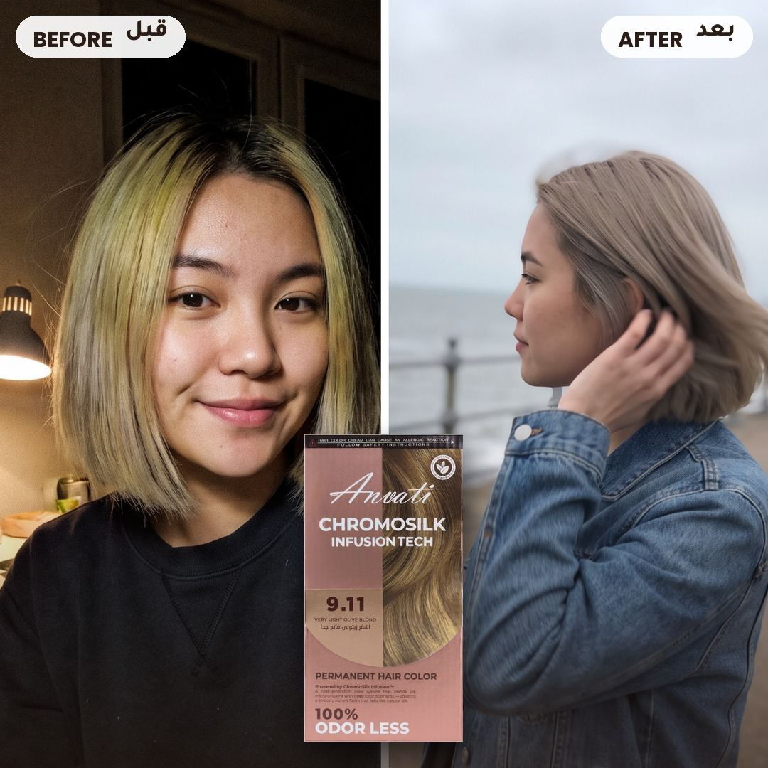 Before and after – Chromosilk Very Light Olive Blond 9.11